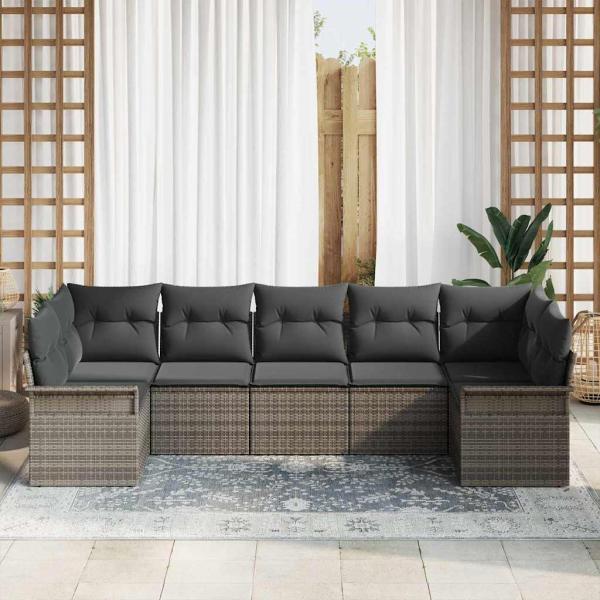7-teiliges Garten Sofa Set mit Kissen Grau Poly Rattan