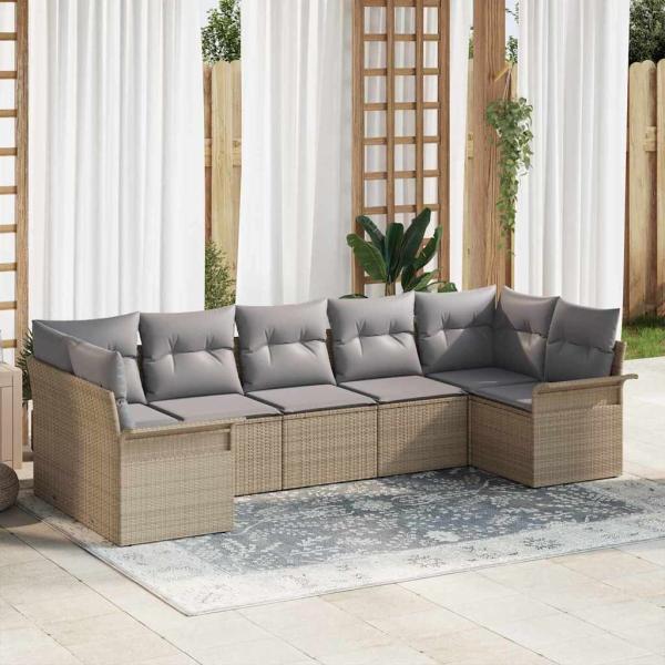 ARDEBO.de - 7-teiliges Garten-Sofa-Set mit Kissen in Beigem Poly-Rattan