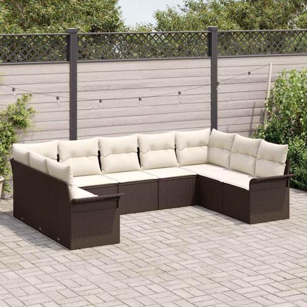 9-teiliges Garten Sofa Set mit Kissen Braun Poly Rattan