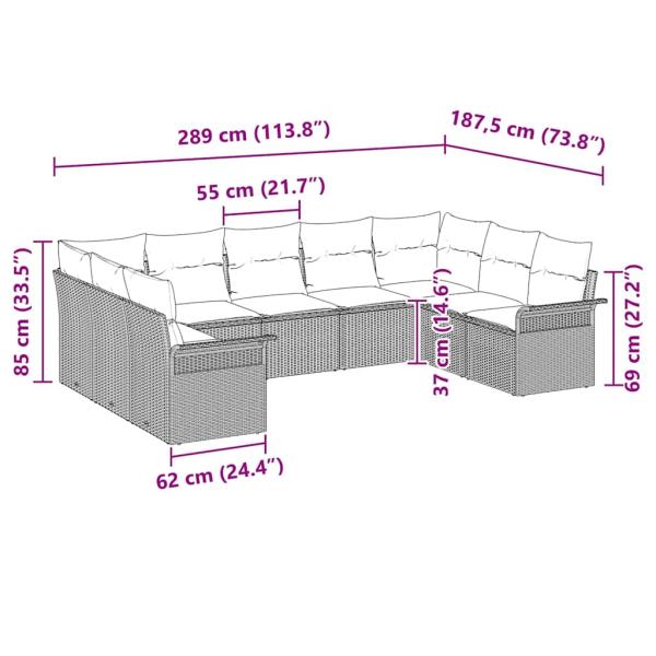 9-teiliges Garten Sofa Set mit Kissen Beige Poly Rattan