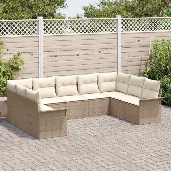 9-teiliges Garten Sofa Set mit Kissen Beige Poly Rattan