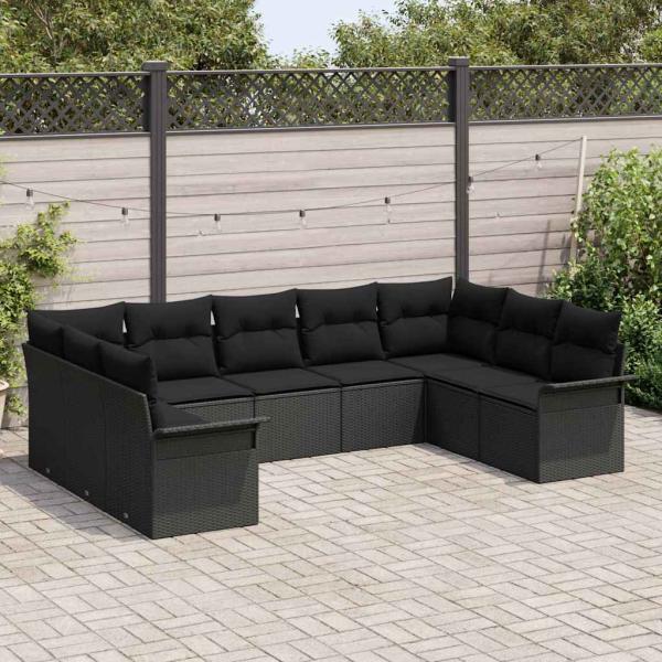 9-teiliges Garten Sofa Set mit Kissen Schwarz Poly Rattan