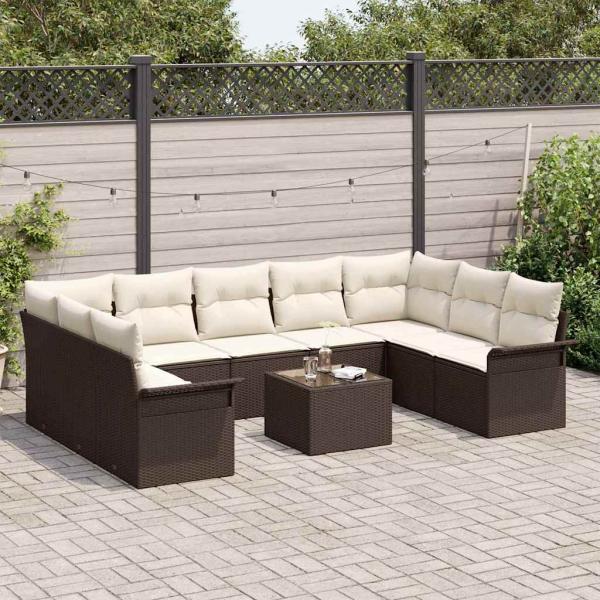 9-teiliges Gartensofa-Set mit Kissen in Grau aus Poly-Rattan