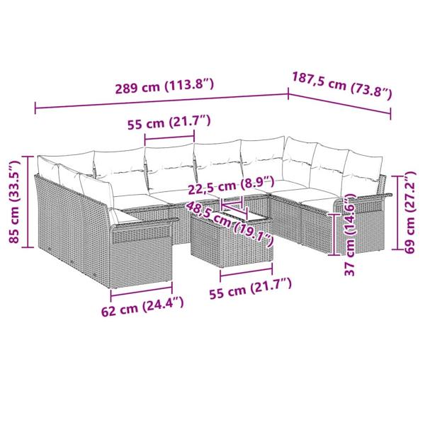 10-teiliges Garten-Sofaset mit Kissen Beige Poly-Rattan