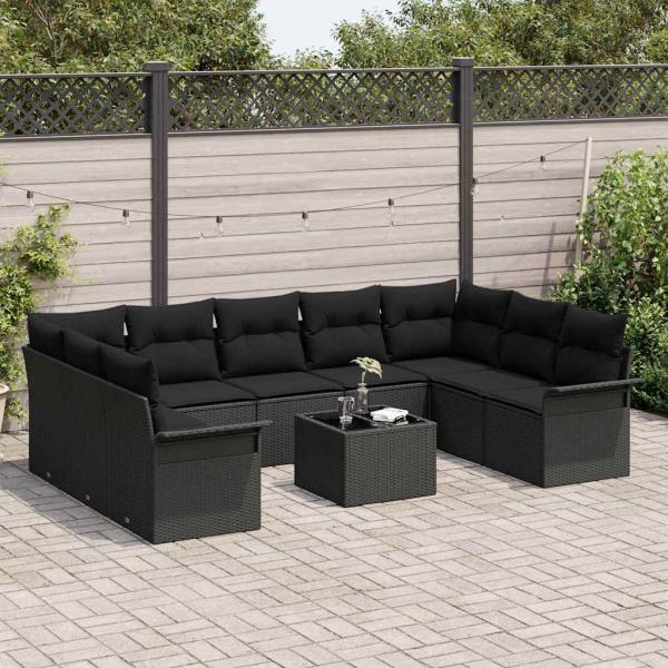 10-teiliges Garten-Sofaset mit Kissen Beige Poly-Rattan