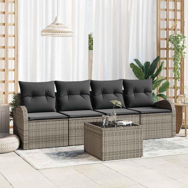 ARDEBO.de - 5-teiliges Garten Sofa Set mit Kissen Grau Poly Rattan