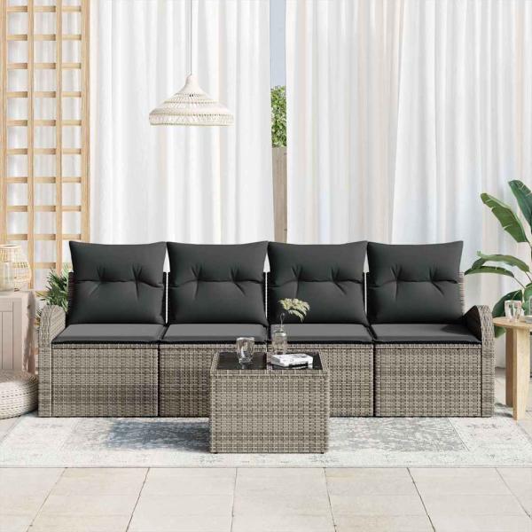 5-teiliges Garten Sofa Set mit Kissen Grau Poly Rattan