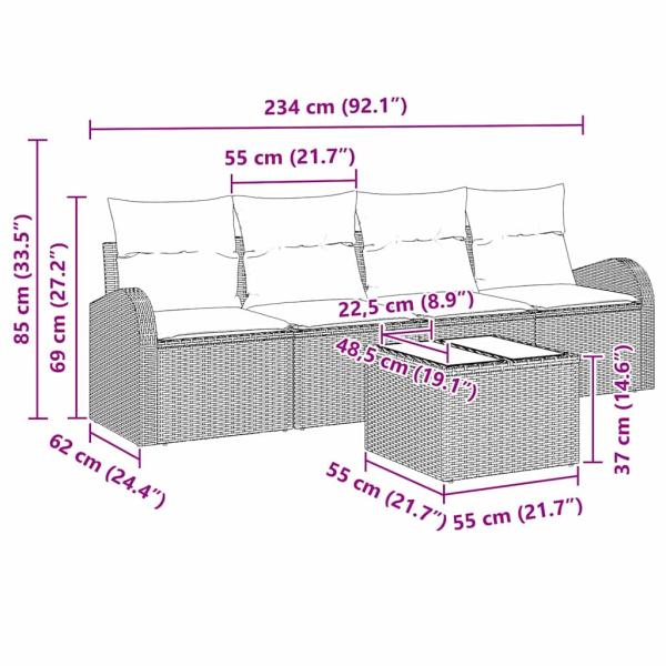 5-teiliges Garten Sofa Set mit Kissen Grau Poly Rattan