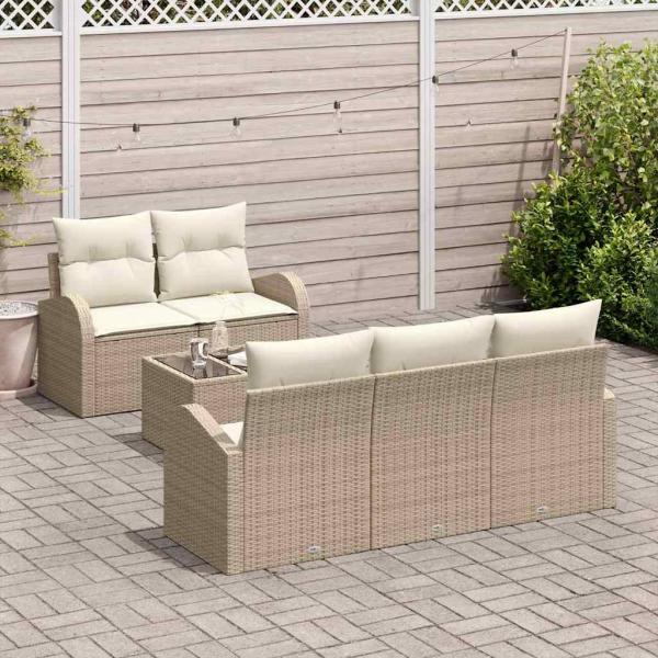 6-teiliges Garten-Sofa-Set mit Kissen Beige Poly Rattan