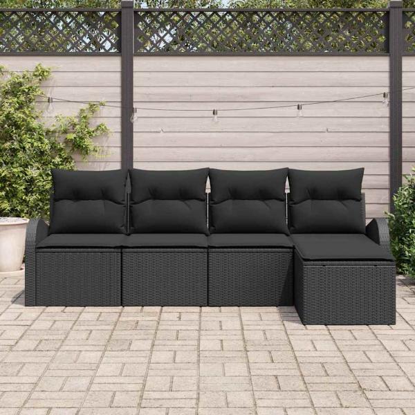 5-teiliges Garten Sofa Set mit Kissen Schwarz Poly Rattan