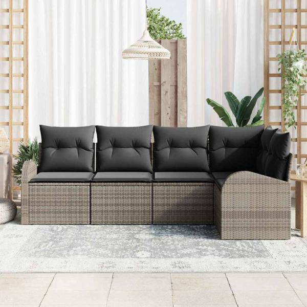 5-teiliges Garten Sofa Set mit Kissen Grau Poly Rattan