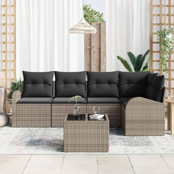 5-teiliges Garten Sofa Set mit Kissen Schwarz Poly Rattan