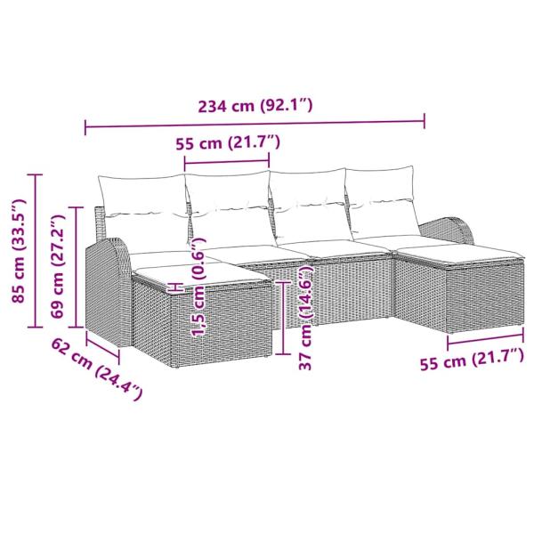 6-teiliges Garten Sofa Set mit Kissen Braun Poly Rattan