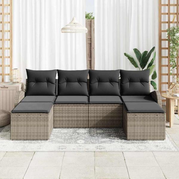 6-teiliges Garten Sofa Set mit Kissen Grau Poly Rattan