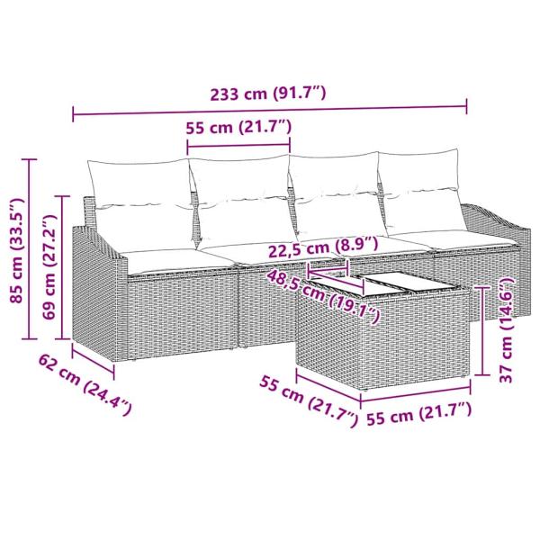 5-teiliges Garten-Sofa-Set mit Kissen Hellgrau Poly Rattan