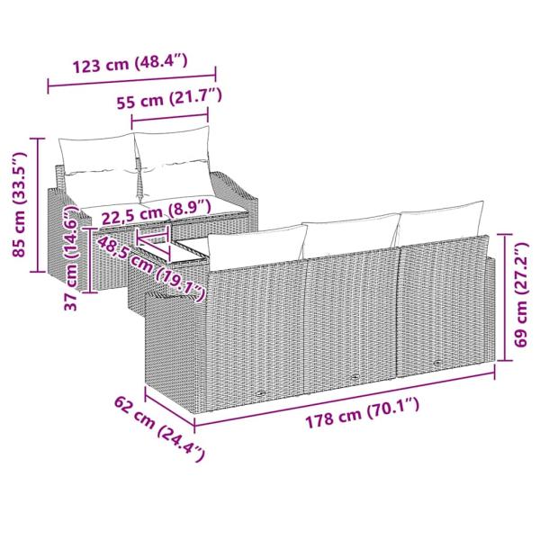 6-Teiliges Garten Sofa Set mit Kissen Hellgraues Rattan