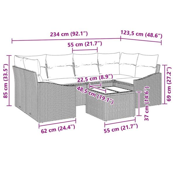 7-teiliges Garten Sofa Set mit Kissen Braun Poly Rattan