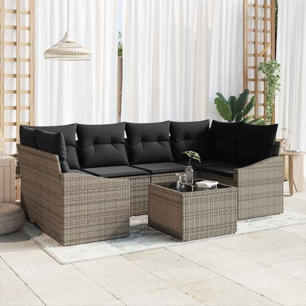 ARDEBO.de - 7-teiliges Garten Sofa Set mit Kissen Grau Poly Rattan