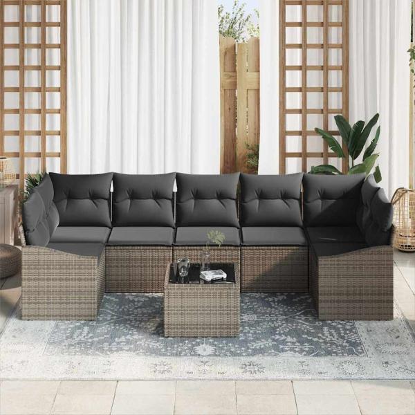 8-teiliges Garten Sofa Set mit Kissen Grau Poly Rattan