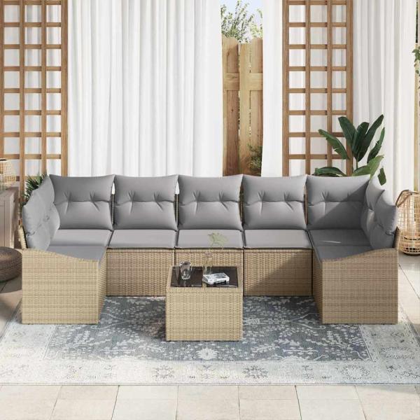 8-teiliges Garten Sofa Set mit Kissen Beige Poly Rattan
