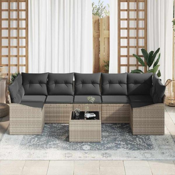 8-teiliges Garten Sofa Set mit Kissen Hellgrau Poly Rattan