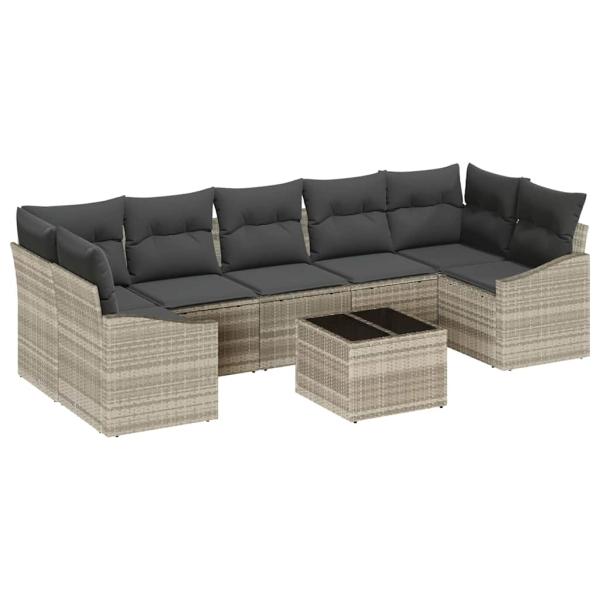8-teiliges Garten Sofa Set mit Kissen Hellgrau Poly Rattan