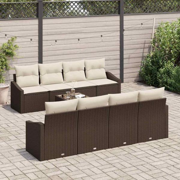 9-teiliges Garten Sofa Set mit Kissen Braun Poly Rattan