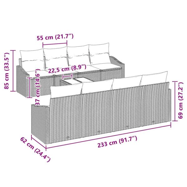 9-teiliges Garten Sofa Set mit Kissen Grau Poly Rattan