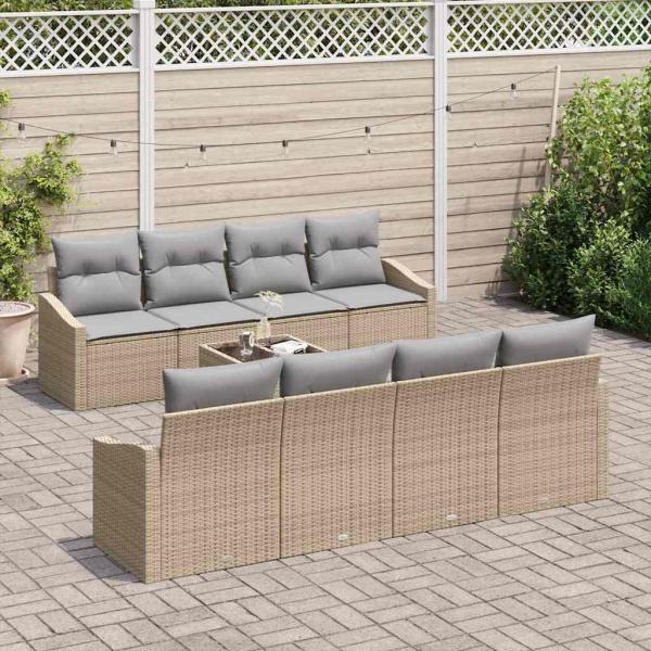 Sofa Set mit Kissen 9 pcs Beige und Hellgrau Poly Rattan