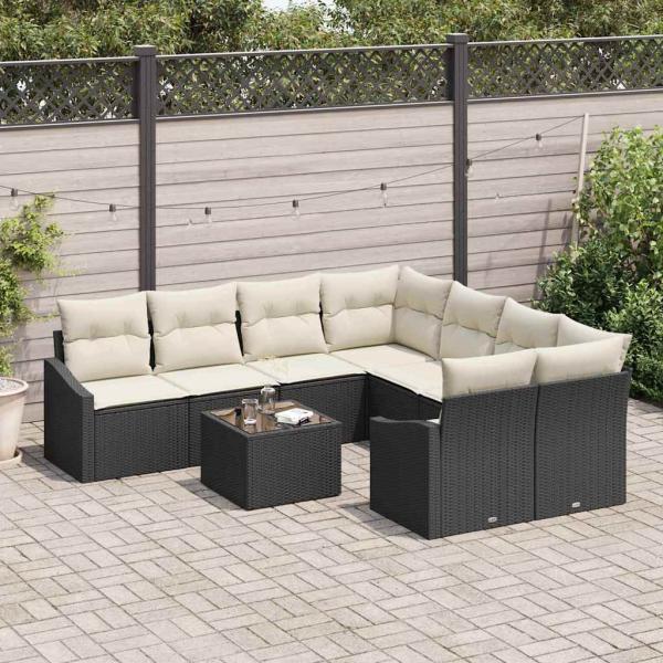 9-teiliges Garten-Sofaset mit Kissen Schwarz Poly Rattan