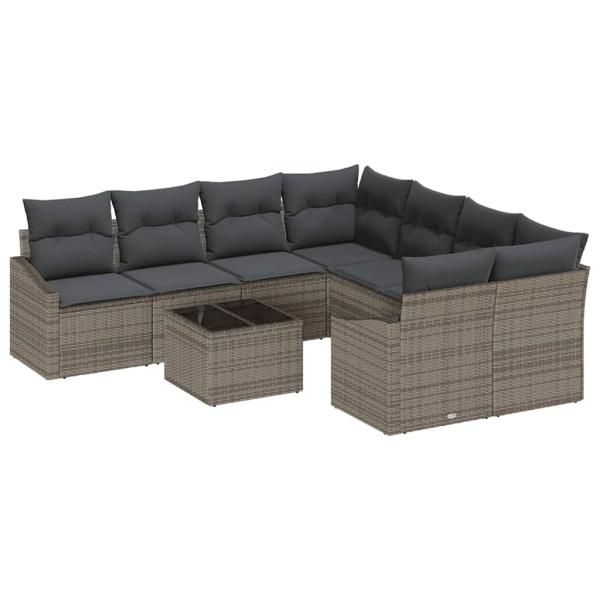 9-teiliges Garten-Sofa-Set mit grauen Kissen aus Poly-Rattan