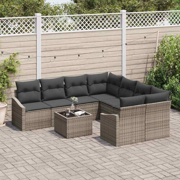 9-teiliges Garten-Sofa-Set mit grauen Kissen aus Poly-Rattan