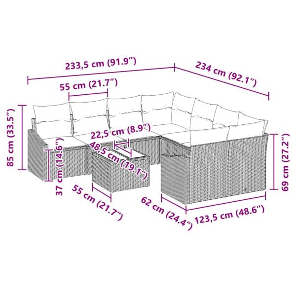 9-teiliges Garten-Sofa-Set mit grauen Kissen aus Poly-Rattan