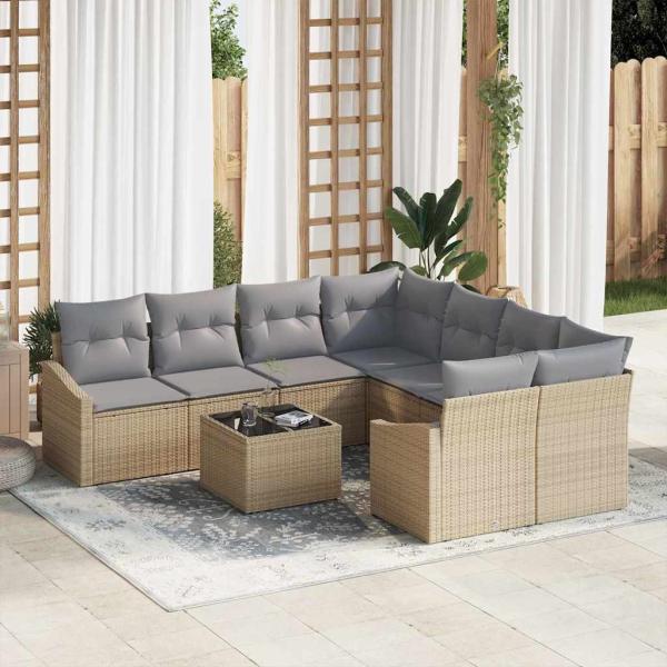 ARDEBO.de - 9-teiliges Garten-Sofa-Set mit Kissen Beige Poly Rattan