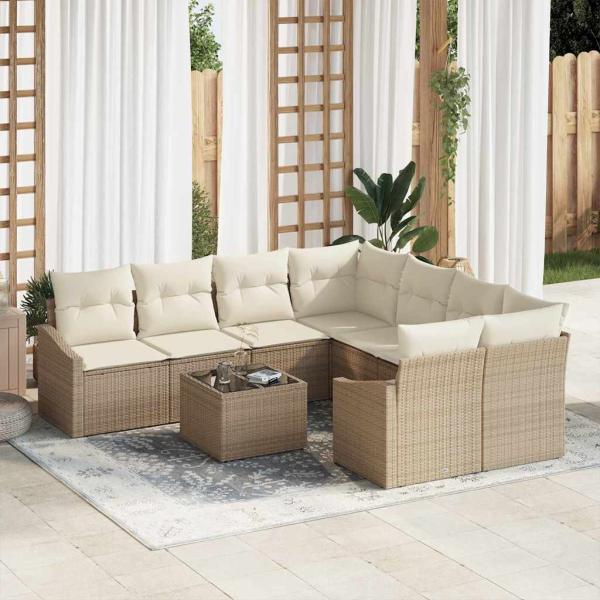 ARDEBO.de - 9-teiliges Garten-Sofa-Set mit Kissen in Beige aus Poly-Rattan