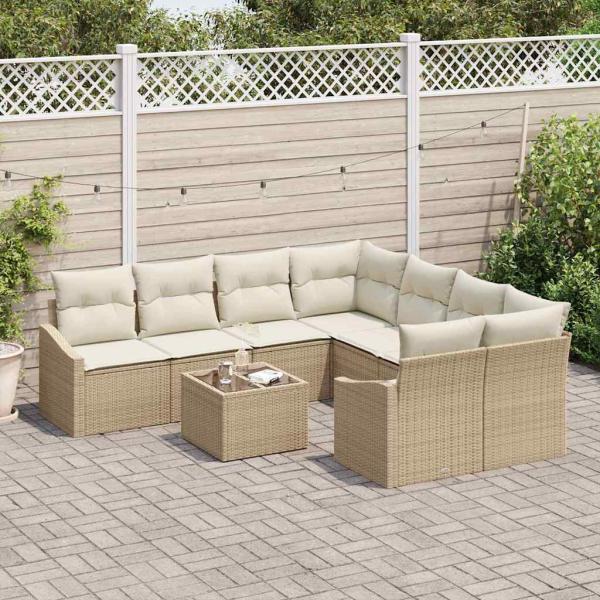 9-teiliges Garten-Sofa-Set mit Kissen in Beige aus Poly-Rattan