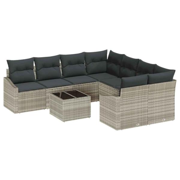 9-teiliges Garten-Sofa-Set mit Kissen Hellgraues Poly-Rattan
