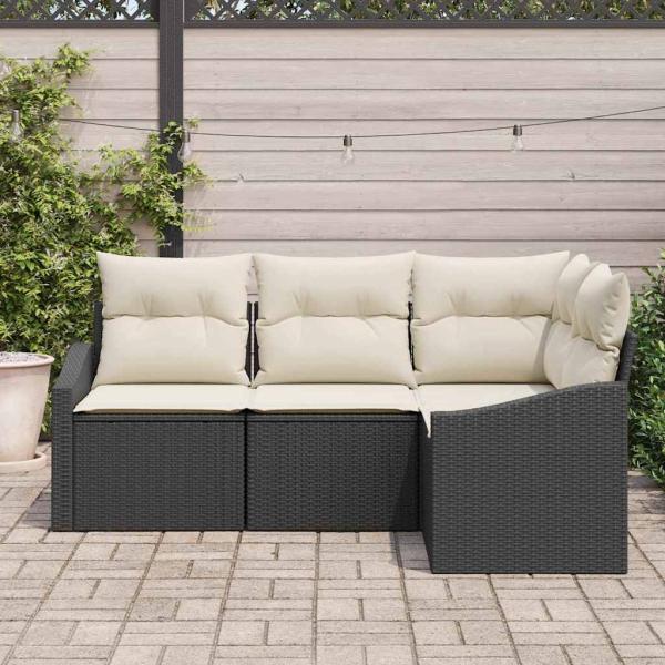 4-teiliges Garten-Sofa-Set mit Kissen in schwarzem Poly-Rattan