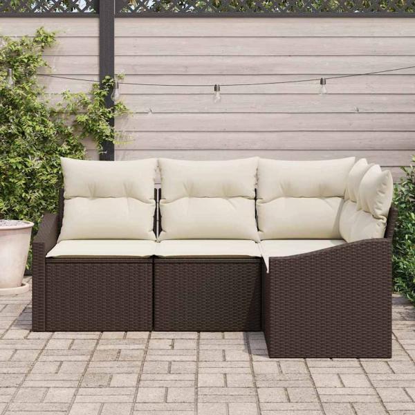 4-teiliges Garten-Sofa-Set mit Kissen Braun Poly-Rattan