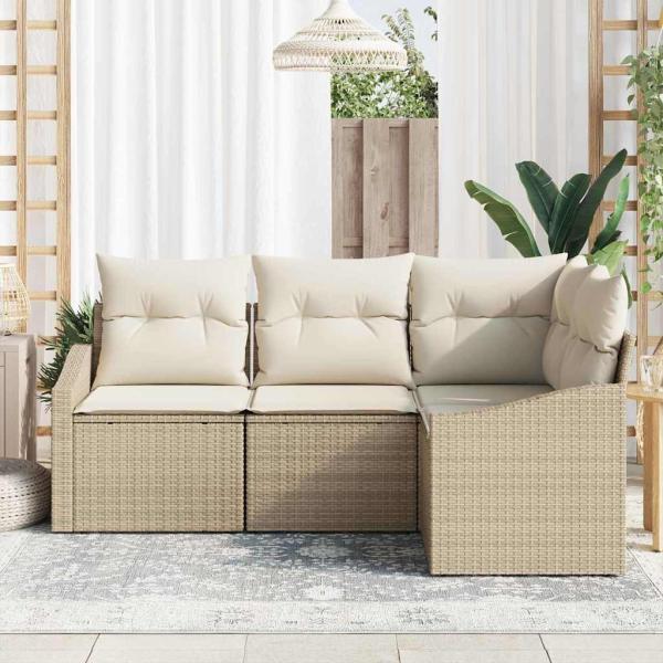 4-teiliges Garten-Sofa-Set mit Kissen Beige Poly Rattan