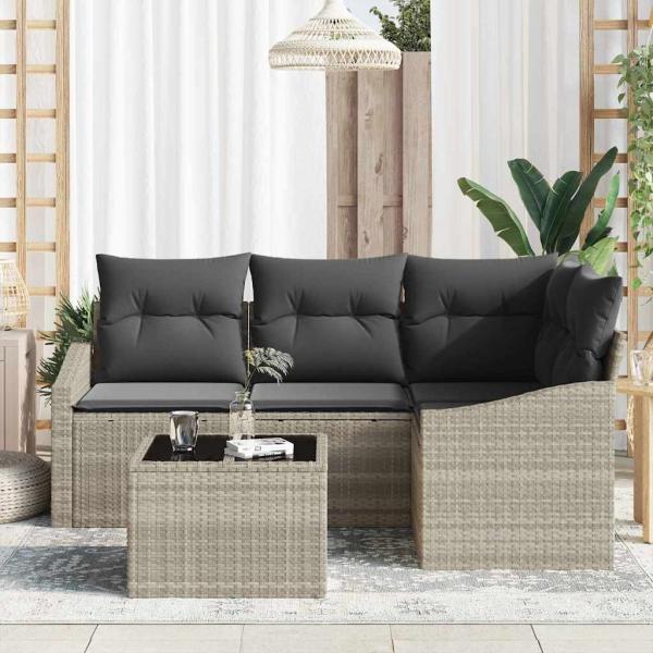 5-teiliges Garten Sofaset mit Kissen Grau Poly Rattan