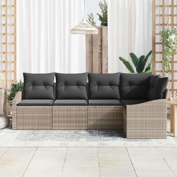 5-teiliges Garten-Sofa-Set mit Kissen Hellgrau Poly-Rattan