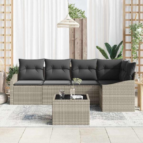 6-teiliges Garten-Sofaset mit Kissen Grau Poly-Rattan