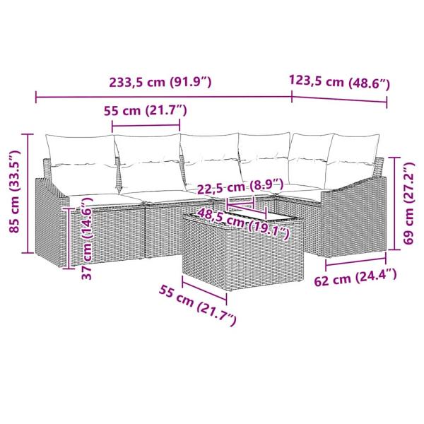 6-teiliges Garten-Sofaset mit Kissen Grau Poly-Rattan