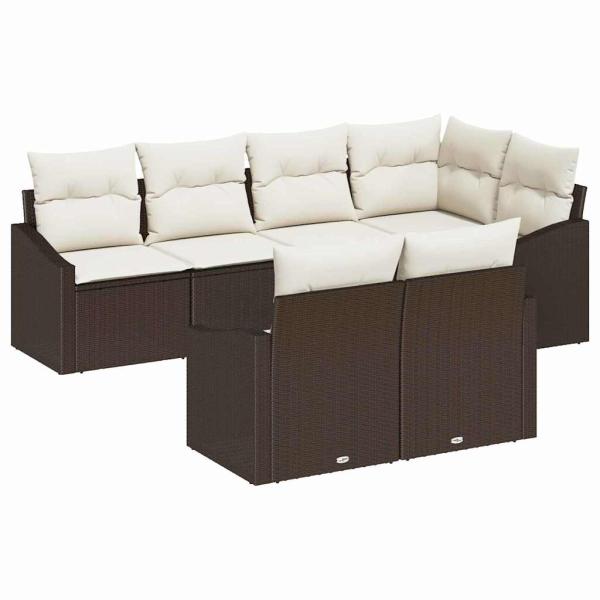 7-teilige Garten-Sofa-Set mit Kissen, braunes Poly-Rattan