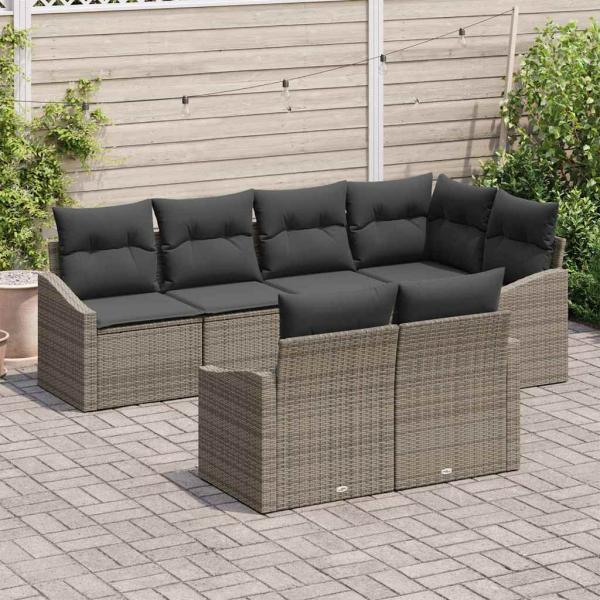 7-teiliges Garten-Sofa-Set mit Kissen Grau Poly Rattan