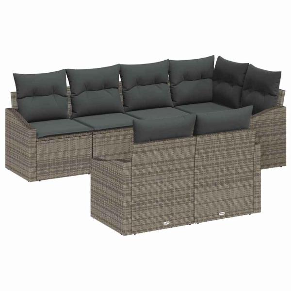 7-teiliges Garten-Sofa-Set mit Kissen Grau Poly Rattan
