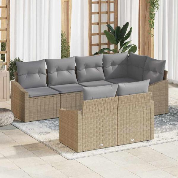 ARDEBO.de - 7-teiliges Garten-Sofa-Set mit Kissen Beige Poly-Rattan