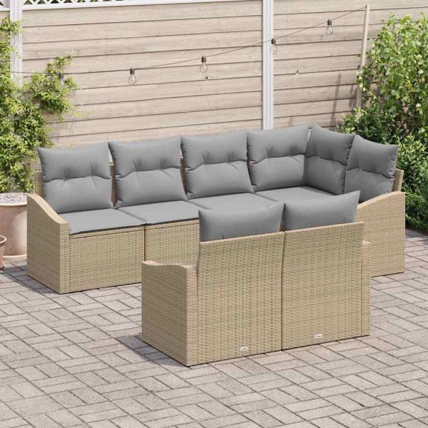 7-teiliges Garten-Sofa-Set mit Kissen Beige Poly-Rattan