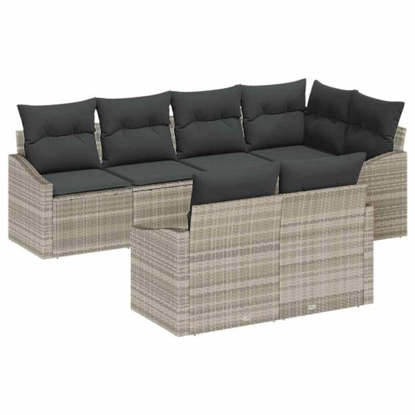 7-teiliges Garten-Sofa-Set mit Kissen Hellgraues Poly-Rattan